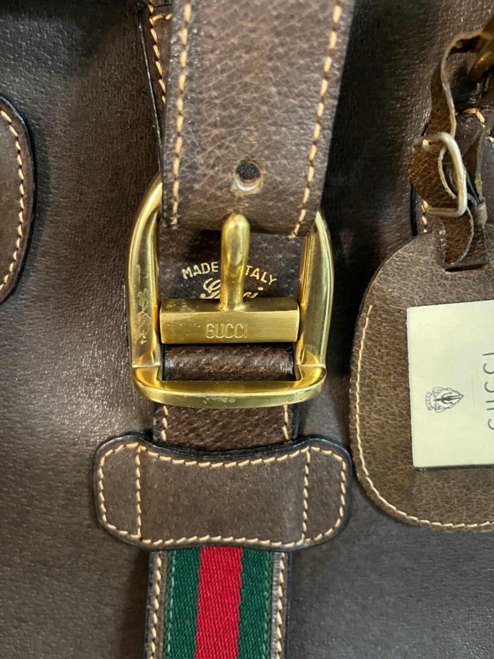 🦋Ultra Rare🦋 Gucci Brown Leather Duffel with Sherry Line Stripe - Picture 8 of 11
